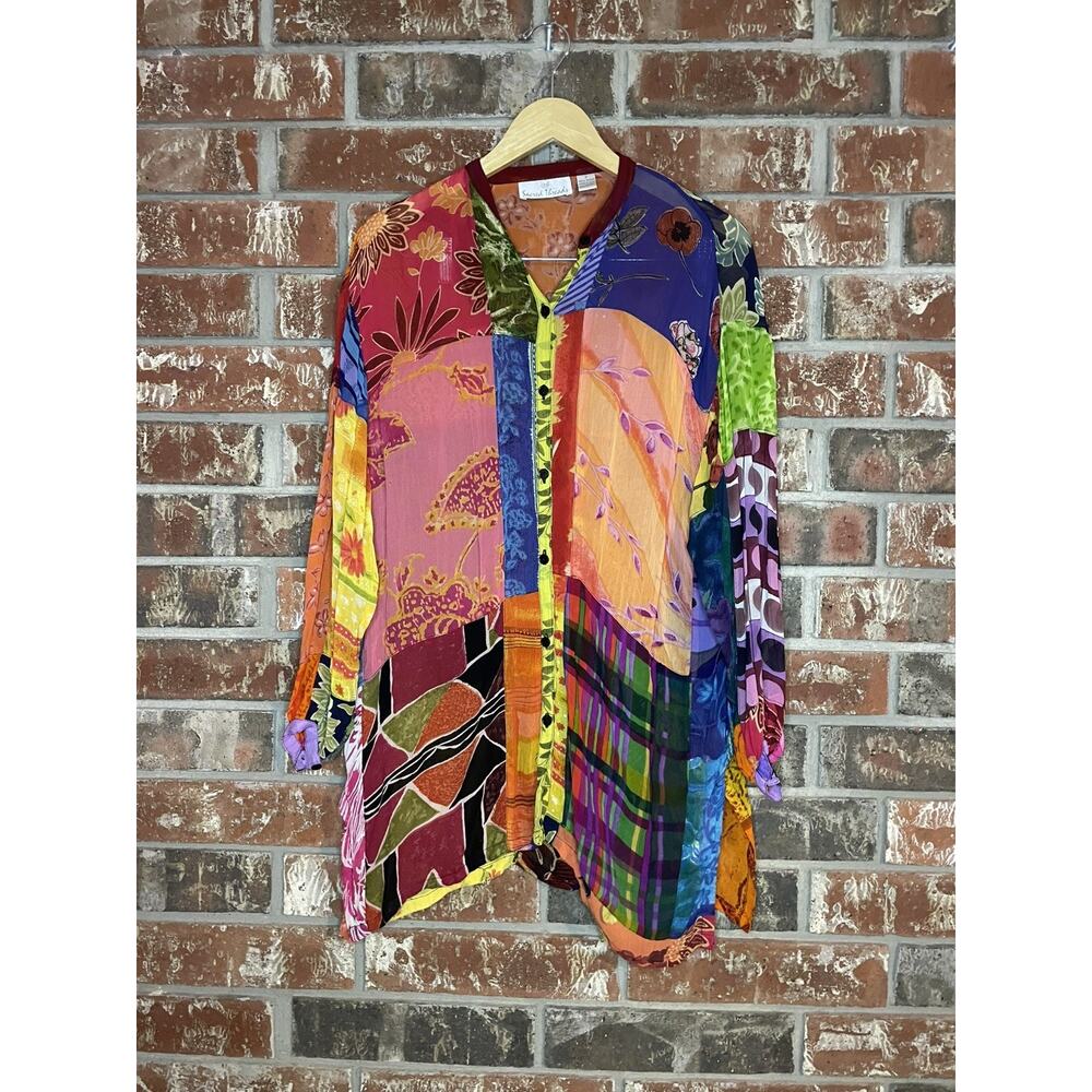 Sacred Threads Sheer Colorful Patchwork 3/4 Sleeve Shirt Button Front Boho Artsy